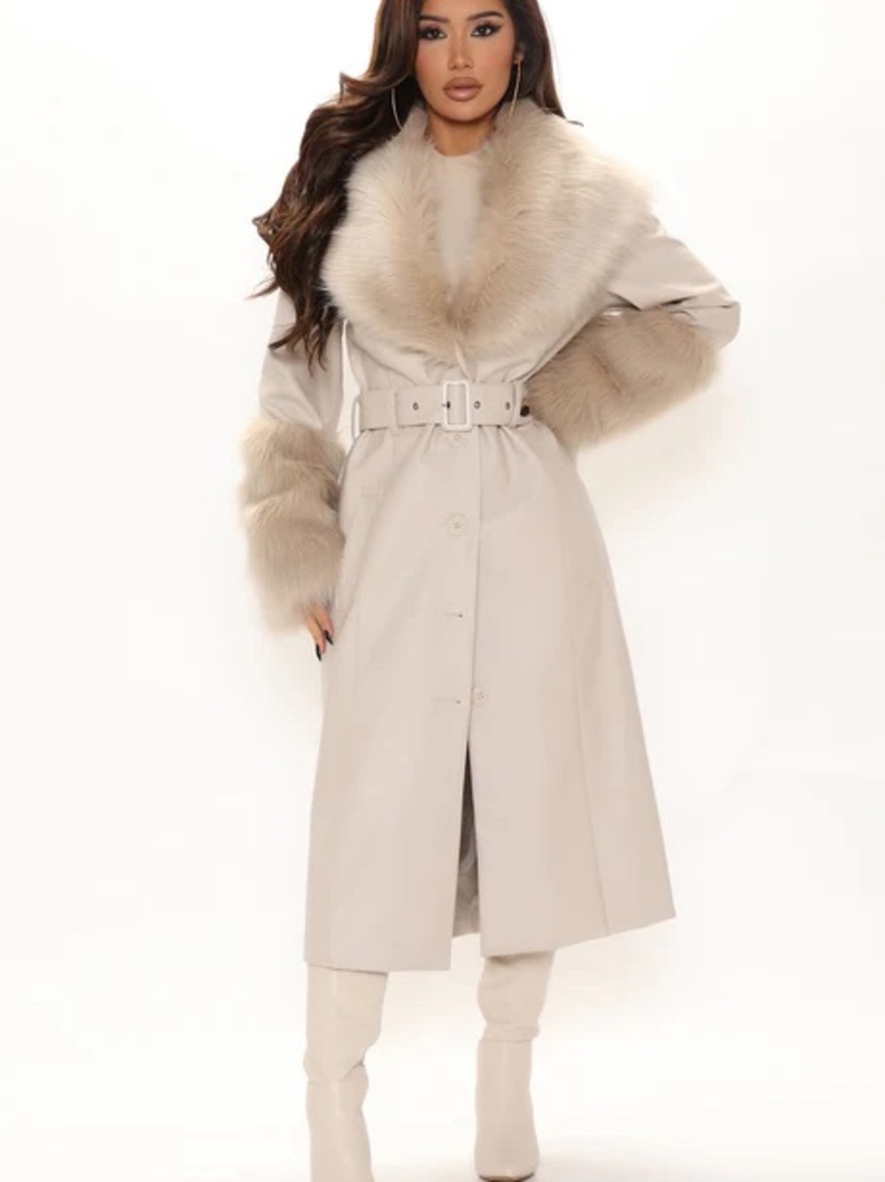 Fashion Nova Cream Long Trench Coat with Faux-Fur Trim